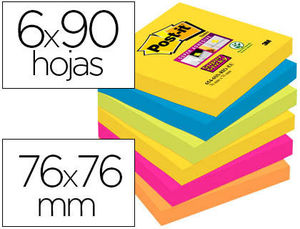 Taco notas adhesivas Post-it Super Stick 76 X 76 mm 90 hojas pack 6 block surtidos